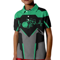 Personalized Bowling Heartbeat Team Kid Polo Shirt For Bowlers Green and Gray - Wonder Print Shop