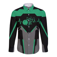 Personalized Bowling Heartbeat Team Long Sleeve Button Shirt For Bowlers Green and Gray - Wonder Print Shop