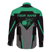 Personalized Bowling Heartbeat Team Long Sleeve Button Shirt For Bowlers Green and Gray - Wonder Print Shop
