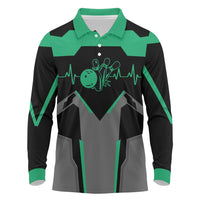 Personalized Bowling Heartbeat Team Long Sleeve Polo Shirt For Bowlers Green and Gray - Wonder Print Shop