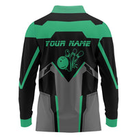 Personalized Bowling Heartbeat Team Long Sleeve Polo Shirt For Bowlers Green and Gray - Wonder Print Shop