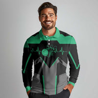 Personalized Bowling Heartbeat Team Long Sleeve Polo Shirt For Bowlers Green and Gray - Wonder Print Shop