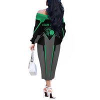 Personalized Bowling Heartbeat Team Off The Shoulder Long Sleeve Dress For Bowlers Green and Gray - Wonder Print Shop