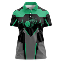 Personalized Bowling Heartbeat Team Women Polo Shirt For Bowlers Green and Gray - Wonder Print Shop
