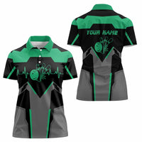 Personalized Bowling Heartbeat Team Women Polo Shirt For Bowlers Green and Gray - Wonder Print Shop