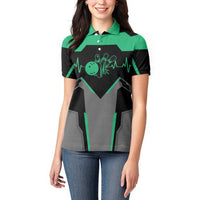 Personalized Bowling Heartbeat Team Women Polo Shirt For Bowlers Green and Gray - Wonder Print Shop