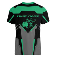 Personalized Bowling Heartbeat Team Women V-Neck T-Shirt For Bowlers Green and Gray - Wonder Print Shop