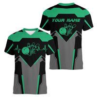 Personalized Bowling Heartbeat Team Women V-Neck T-Shirt For Bowlers Green and Gray - Wonder Print Shop
