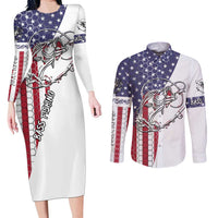 American Flag Bass Fishing Couples Matching Long Sleeve Bodycon Dress and Long Sleeve Button Shirt Fishing Rod and Patriotic Red White and Blue Theme - Wonder Print Shop
