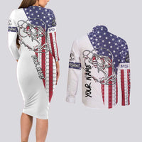 American Flag Bass Fishing Couples Matching Long Sleeve Bodycon Dress and Long Sleeve Button Shirt Fishing Rod and Patriotic Red White and Blue Theme - Wonder Print Shop