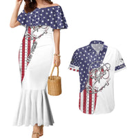 American Flag Bass Fishing Couples Matching Mermaid Dress and Hawaiian Shirt Fishing Rod and Patriotic Red White and Blue Theme - Wonder Print Shop