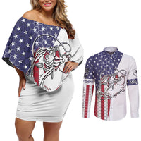 American Flag Bass Fishing Couples Matching Off Shoulder Short Dress and Long Sleeve Button Shirt Fishing Rod and Patriotic Red White and Blue Theme - Wonder Print Shop
