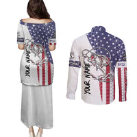 American Flag Bass Fishing Couples Matching Puletasi and Long Sleeve Button Shirt Fishing Rod and Patriotic Red White and Blue Theme - Wonder Print Shop