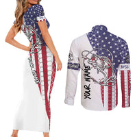 American Flag Bass Fishing Couples Matching Short Sleeve Bodycon Dress and Long Sleeve Button Shirt Fishing Rod and Patriotic Red White and Blue Theme - Wonder Print Shop