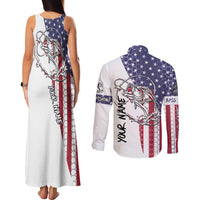 American Flag Bass Fishing Couples Matching Tank Maxi Dress and Long Sleeve Button Shirt Fishing Rod and Patriotic Red White and Blue Theme - Wonder Print Shop