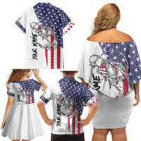 American Flag Bass Fishing Family Matching Off Shoulder Short Dress and Hawaiian Shirt Fishing Rod and Patriotic Red White and Blue Theme - Wonder Print Shop