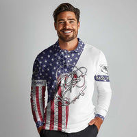 American Flag Bass Fishing Long Sleeve Polo Shirt Fishing Rod and Patriotic Red White and Blue Theme - Wonder Print Shop