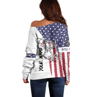 American Flag Bass Fishing Off Shoulder Sweater Fishing Rod and Patriotic Red White and Blue Theme - Wonder Print Shop
