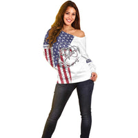 American Flag Bass Fishing Off Shoulder Sweater Fishing Rod and Patriotic Red White and Blue Theme - Wonder Print Shop
