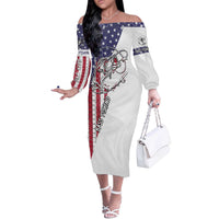 American Flag Bass Fishing Off The Shoulder Long Sleeve Dress Fishing Rod and Patriotic Red White and Blue Theme - Wonder Print Shop