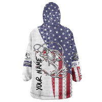 American Flag Bass Fishing Wearable Blanket Hoodie Fishing Rod and Patriotic Red White and Blue Theme - Wonder Print Shop