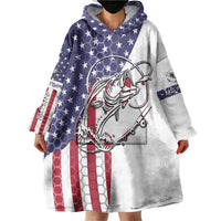 American Flag Bass Fishing Wearable Blanket Hoodie Fishing Rod and Patriotic Red White and Blue Theme - Wonder Print Shop