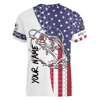 American Flag Bass Fishing Women V-Neck T-Shirt Fishing Rod and Patriotic Red White and Blue Theme - Wonder Print Shop