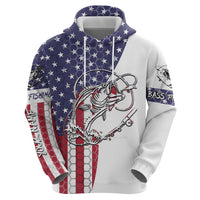 American Flag Bass Fishing Zip Hoodie Fishing Rod and Patriotic Red White and Blue Theme - Wonder Print Shop