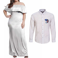 American Flag Tuna Fish Couples Matching Off Shoulder Maxi Dress and Long Sleeve Button Shirt Custom Splashing Water on White and Black Contrast - Wonder Print Shop