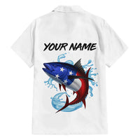 American Flag Tuna Fish Family Matching Off Shoulder Short Dress and Hawaiian Shirt Custom Splashing Water on White and Black Contrast - Wonder Print Shop