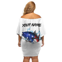 American Flag Tuna Fish Family Matching Off Shoulder Short Dress and Hawaiian Shirt Custom Splashing Water on White and Black Contrast - Wonder Print Shop