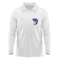 American Flag Tuna Fish Long Sleeve Polo Shirt Custom Splashing Water on White and Black Contrast - Wonder Print Shop