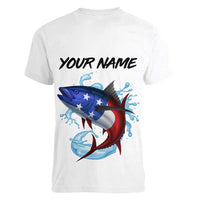 American Flag Tuna Fish Women V-Neck T-Shirt Custom Splashing Water on White and Black Contrast - Wonder Print Shop