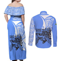 North Caribbean Coast Nicaragua Couples Matching Off Shoulder Maxi Dress and Long Sleeve Button Shirt with Tribal Turtle Design and Floral Coast Pride - Wonder Print Shop