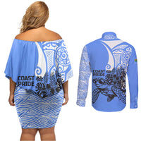 North Caribbean Coast Nicaragua Couples Matching Off Shoulder Short Dress and Long Sleeve Button Shirt with Tribal Turtle Design and Floral Coast Pride - Wonder Print Shop