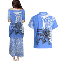 North Caribbean Coast Nicaragua Couples Matching Puletasi and Hawaiian Shirt with Tribal Turtle Design and Floral Coast Pride - Wonder Print Shop