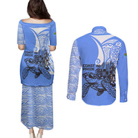 North Caribbean Coast Nicaragua Couples Matching Puletasi and Long Sleeve Button Shirt with Tribal Turtle Design and Floral Coast Pride - Wonder Print Shop