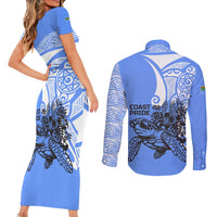 North Caribbean Coast Nicaragua Couples Matching Short Sleeve Bodycon Dress and Long Sleeve Button Shirt with Tribal Turtle Design and Floral Coast Pride - Wonder Print Shop