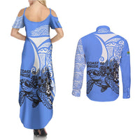 North Caribbean Coast Nicaragua Couples Matching Summer Maxi Dress and Long Sleeve Button Shirt with Tribal Turtle Design and Floral Coast Pride - Wonder Print Shop