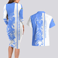 Nicaragua North Caribbean Coast Couples Matching Long Sleeve Bodycon Dress and Hawaiian Shirt with Ocean Wave Pattern and Dance with the Waves - Wonder Print Shop