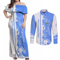 Nicaragua North Caribbean Coast Couples Matching Off Shoulder Maxi Dress and Long Sleeve Button Shirt with Ocean Wave Pattern and Dance with the Waves - Wonder Print Shop