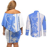 Nicaragua North Caribbean Coast Couples Matching Off Shoulder Short Dress and Long Sleeve Button Shirt with Ocean Wave Pattern and Dance with the Waves - Wonder Print Shop