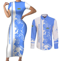 Nicaragua North Caribbean Coast Couples Matching Short Sleeve Bodycon Dress and Long Sleeve Button Shirt with Ocean Wave Pattern and Dance with the Waves - Wonder Print Shop