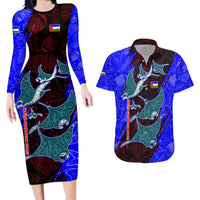 South Caribbean Coast Nicaragua Couples Matching Long Sleeve Bodycon Dress and Hawaiian Shirt with Manta Ray Coral Reef and Dive into the Spirit Design - Wonder Print Shop