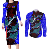 South Caribbean Coast Nicaragua Couples Matching Long Sleeve Bodycon Dress and Long Sleeve Button Shirt with Manta Ray Coral Reef and Dive into the Spirit Design - Wonder Print Shop