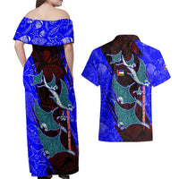 South Caribbean Coast Nicaragua Couples Matching Off Shoulder Maxi Dress and Hawaiian Shirt with Manta Ray Coral Reef and Dive into the Spirit Design - Wonder Print Shop