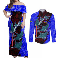 South Caribbean Coast Nicaragua Couples Matching Off Shoulder Maxi Dress and Long Sleeve Button Shirt with Manta Ray Coral Reef and Dive into the Spirit Design - Wonder Print Shop