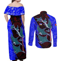 South Caribbean Coast Nicaragua Couples Matching Off Shoulder Maxi Dress and Long Sleeve Button Shirt with Manta Ray Coral Reef and Dive into the Spirit Design - Wonder Print Shop
