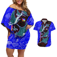 South Caribbean Coast Nicaragua Couples Matching Off Shoulder Short Dress and Hawaiian Shirt with Manta Ray Coral Reef and Dive into the Spirit Design - Wonder Print Shop
