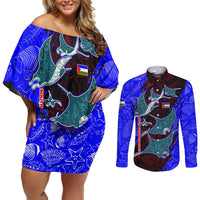 South Caribbean Coast Nicaragua Couples Matching Off Shoulder Short Dress and Long Sleeve Button Shirt with Manta Ray Coral Reef and Dive into the Spirit Design - Wonder Print Shop